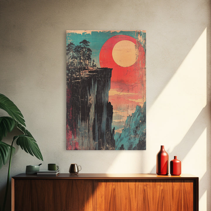 Cliffside Forest With Red Sun Wall Art, Retro Japanese Print, Japandi Decor, Bold Landscape, Framed Canvas Print, Large Wall Art