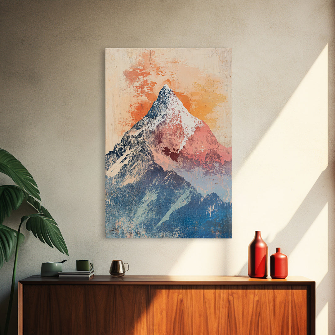 Snowy Alpine Mountain Peak Wall Art, Pastel Landscape Print, Nature Wall Decor, Bedroom Decor, Framed Canvas Print, Blue Bedroom Art