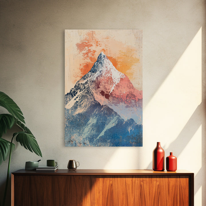 Snowy Alpine Mountain Peak Wall Art, Pastel Landscape Print, Nature Wall Decor, Bedroom Decor, Framed Canvas Print, Blue Bedroom Art