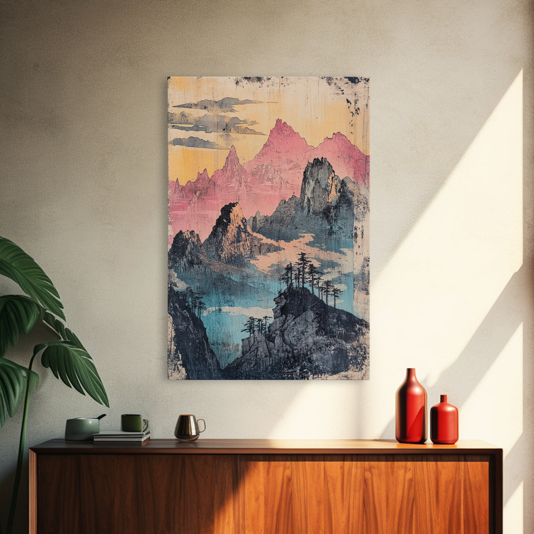 Misty Pink Mountain Range Wall Art, Abstract Landscape Print, Japandi Wall Decor, Gallery Wall Art, Large Canvas Print, Pastel Wall Art