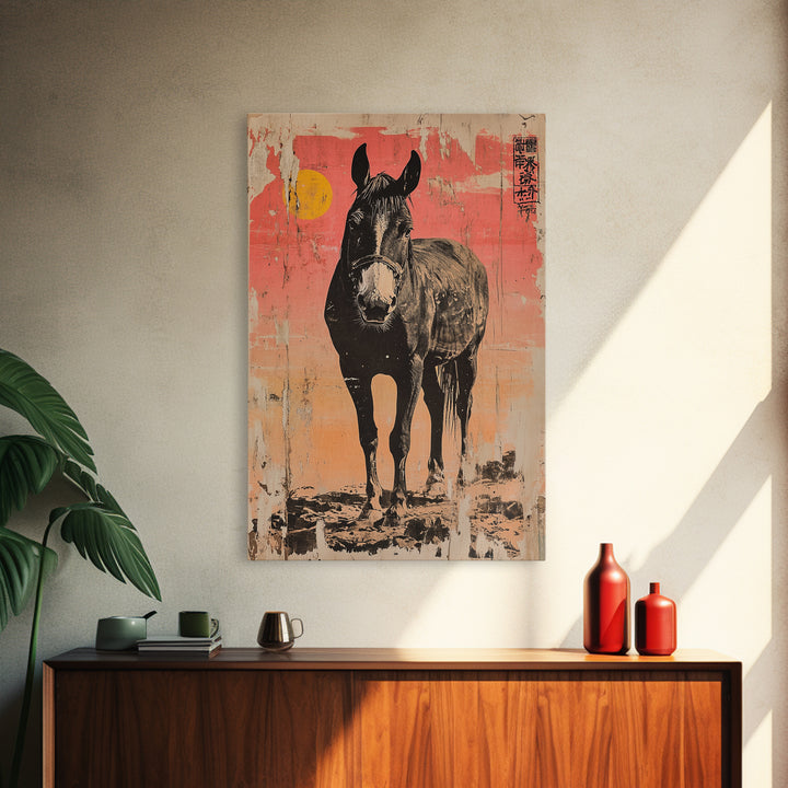 Black Horse Portrait At Sunset Framed Canvas Print, Equestrian Wall Art, Western Decor, Horse Lover Gift, Rustic Home Decor
