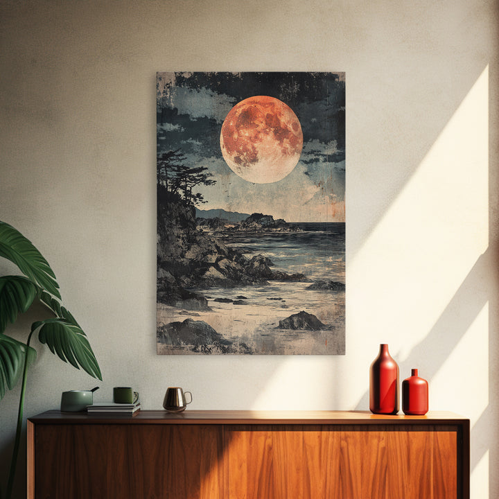 Full Moon Rocky Coast Canvas Print, Japanese Seascape Wall Art, Moody Wall Decor, Coastal Wall Art, Dark Academia Decor