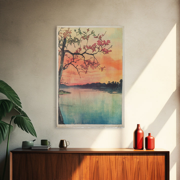 Cherry Blossom Lake Wall Art, Japanese Sunset Canvas Print, Serene Landscape Decor, Pink Floral Art, Bedroom Wall Decor Print