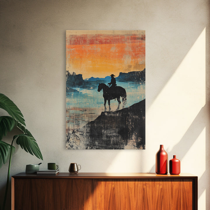 Cowboy Canyon Sunset Wall Art, Western Horse Canvas Print, Rustic Landscape Decor, Southwestern Art, Gift For Him, Living Room Decor