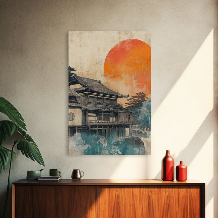 Japanese Tea House Framed Canvas Print, Orange Sun Wall Art, Ukiyo E Landscape Decor, Japandi Art, Modern Living Room Decor