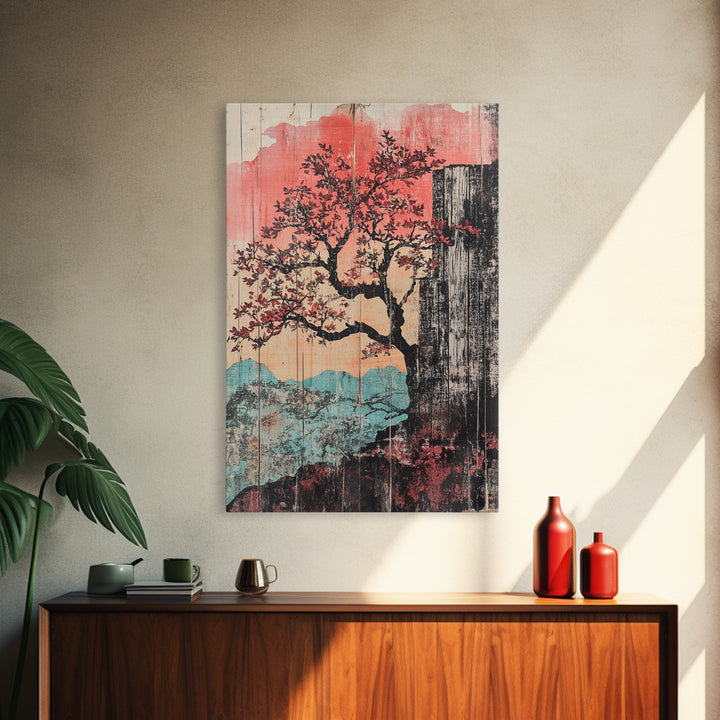 Cherry Blossom Waterfall Wall Art, Japanese Landscape Canvas Print, Pink Mountain Decor, Japandi Wall Decor, Large Art Print