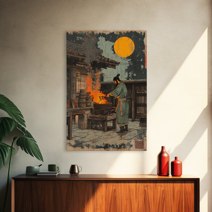 Japanese Blacksmith Night Wall Art, Moonlit Forge Canvas Print, Samurai Inspired Decor, Dramatic Ukiyo E Style Art Print