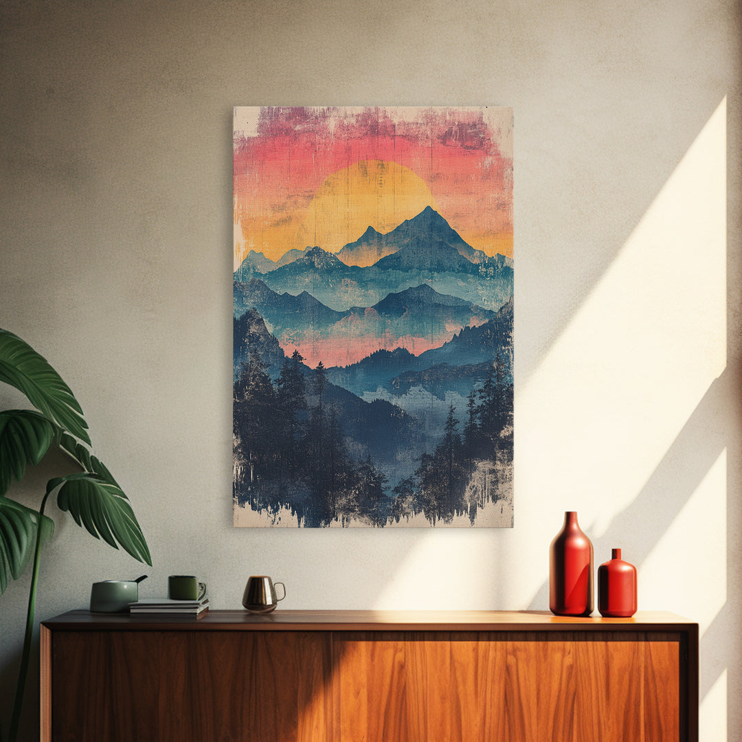 Misty Blue Mountain Sunset Wall Art, Layered Forest Landscape Print, Rustic Cabin Decor, Large Nature Living Room Art Gift