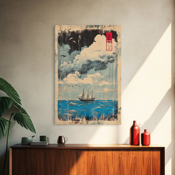 Sailboat Under Moonlit Clouds Canvas Print, Japanese Nautical Wall Art, Ocean Seascape Decor, Coastal Gift For Him And Her