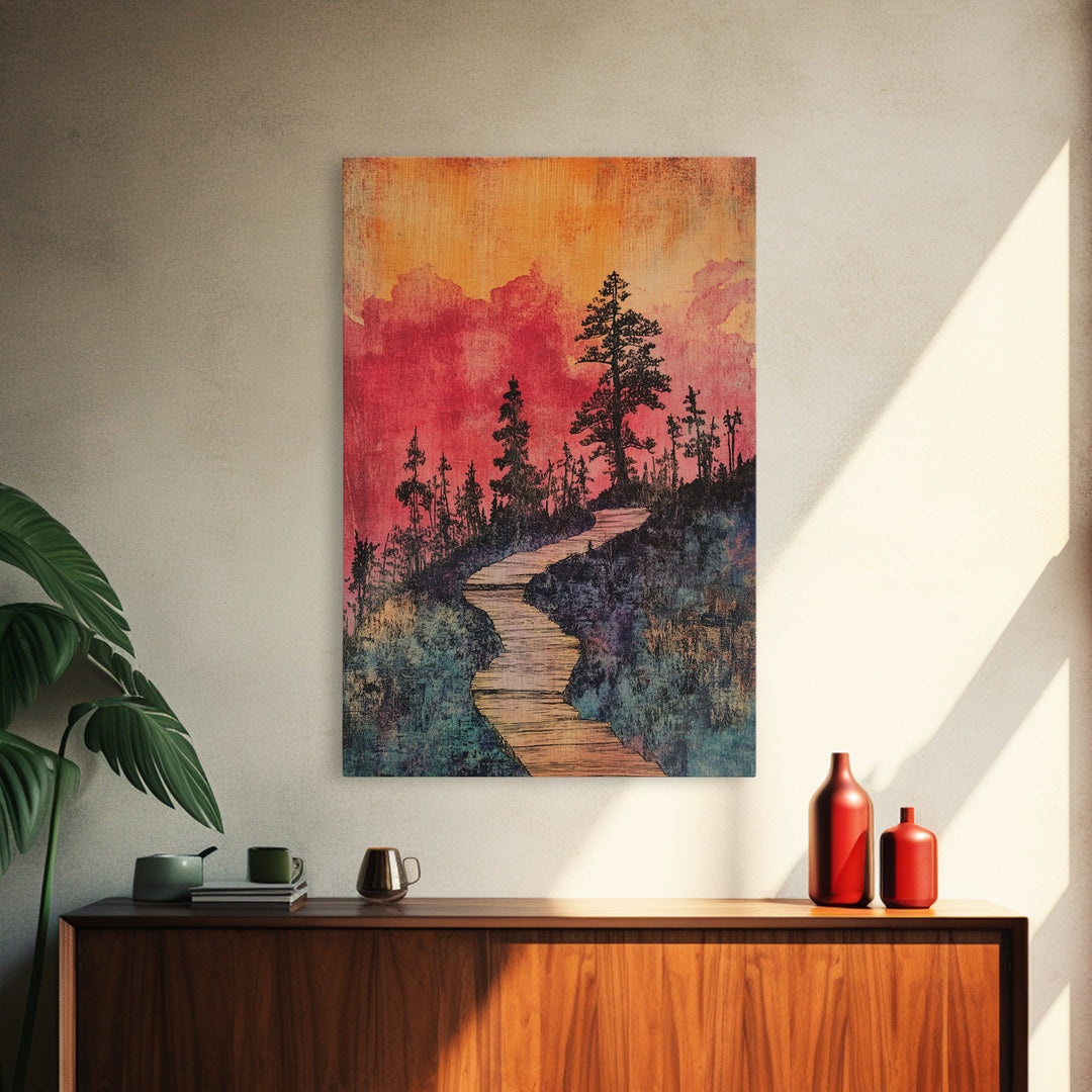 Winding Forest Path At Sunset Wall Art, Pink Orange Landscape Print, Rustic Cabin Decor, Cozy Nature Art For Bedroom Gift