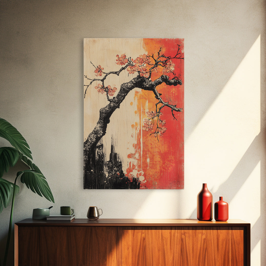 Cherry Blossom Branch Canvas Print, Japanese Floral Wall Art, Red Orange Botanical Decor, Japandi Living Room Art Gift Print