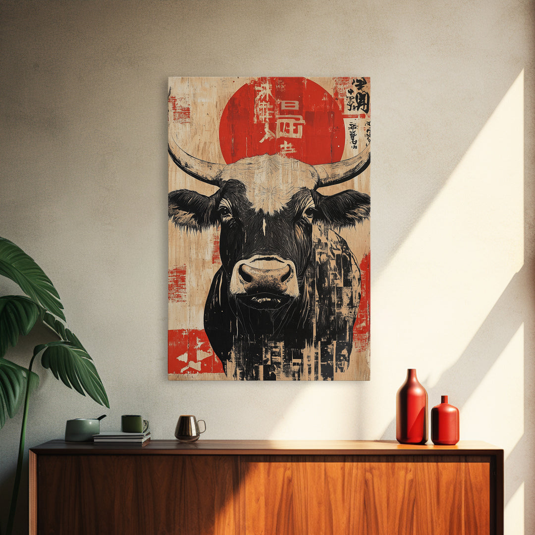Black And White Bull With Red Sun Wall Art, Japanese Farm Animal Print, Rustic Asian Decor, Bold Kitchen Wall Decor Gift