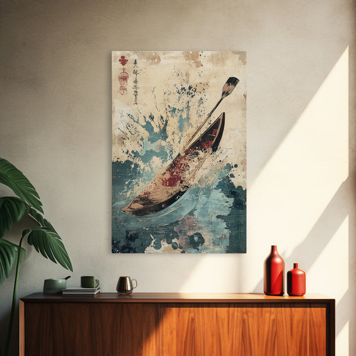 Canoe And Paddle Splash Canvas Print, Japanese Nautical Wall Art, Blue Ocean Decor, Adventure Travel Poster Gift For Coastal Home