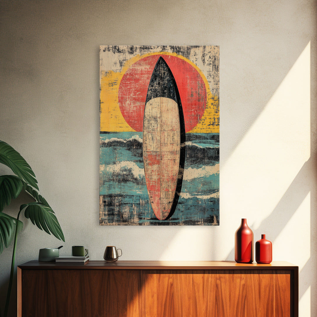 Retro Surfboard At Sunset Wall Art, Coastal Ocean Waves Print, Beach House Decor, Large Vertical Canvas For Surf Lovers Gift