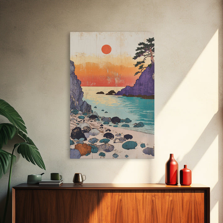 Purple Cliffs Sunset Cove Japanese Seascape Wall Art Coastal Print, Beach House Decor, Large Living Room Wall Decor Poster