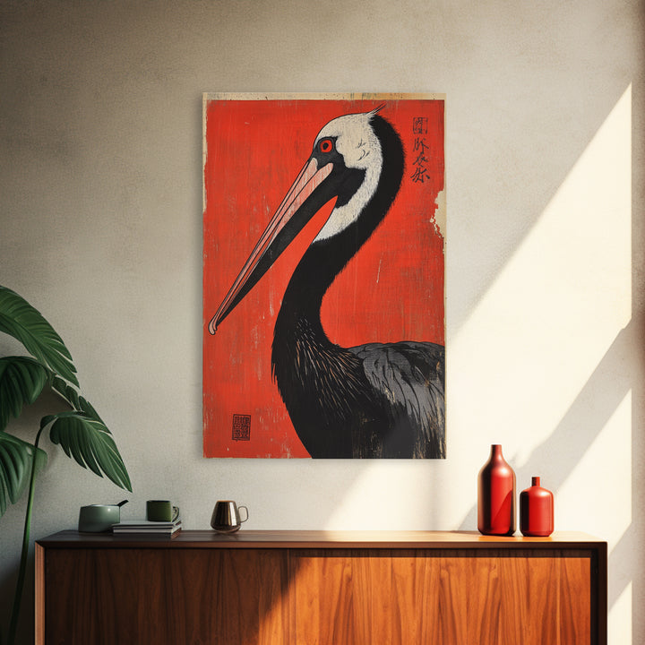 Black Necked Crane Bird On Red Japanese Canvas Print Wildlife Wall Art, Asian Decor, Bold Animal Art Poster Gift For Bird Lovers