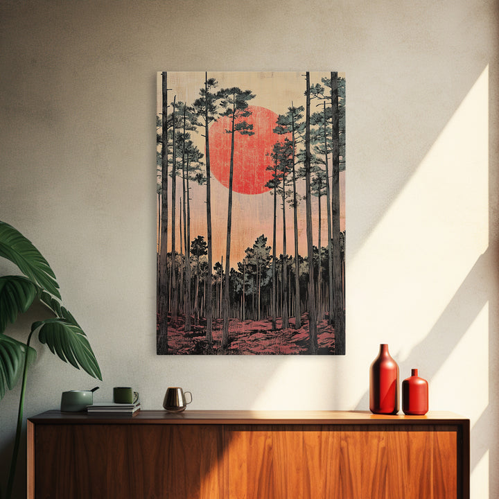Tall Pine Forest Red Sun Japanese Landscape Wall Art, Japandi Decor, Nature Print, Large Living Room Wall Decor Poster Gift
