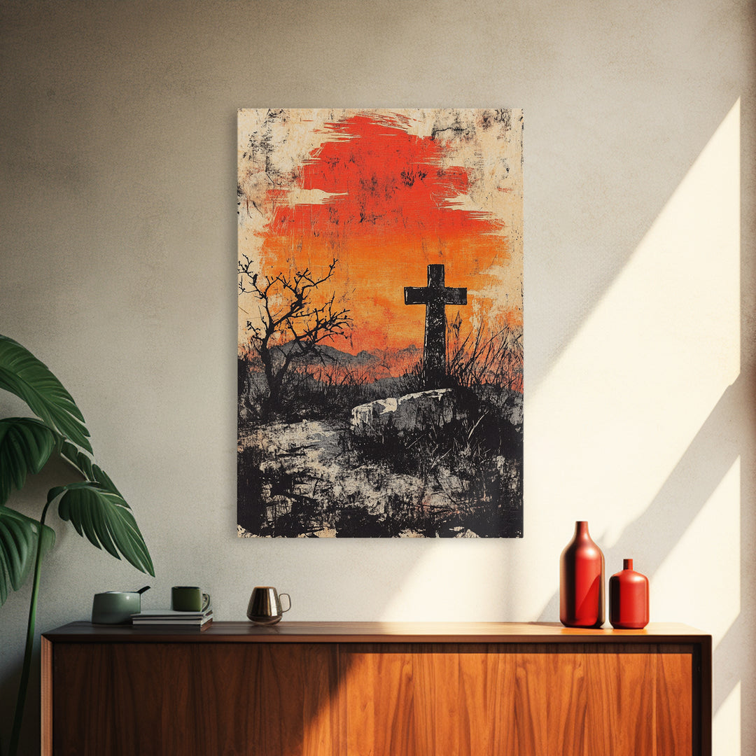 Black Cross At Fiery Sunset Framed Canvas Print, Christian Wall Art, Rustic Landscape, Faith Gift, Moody Home Decor Art