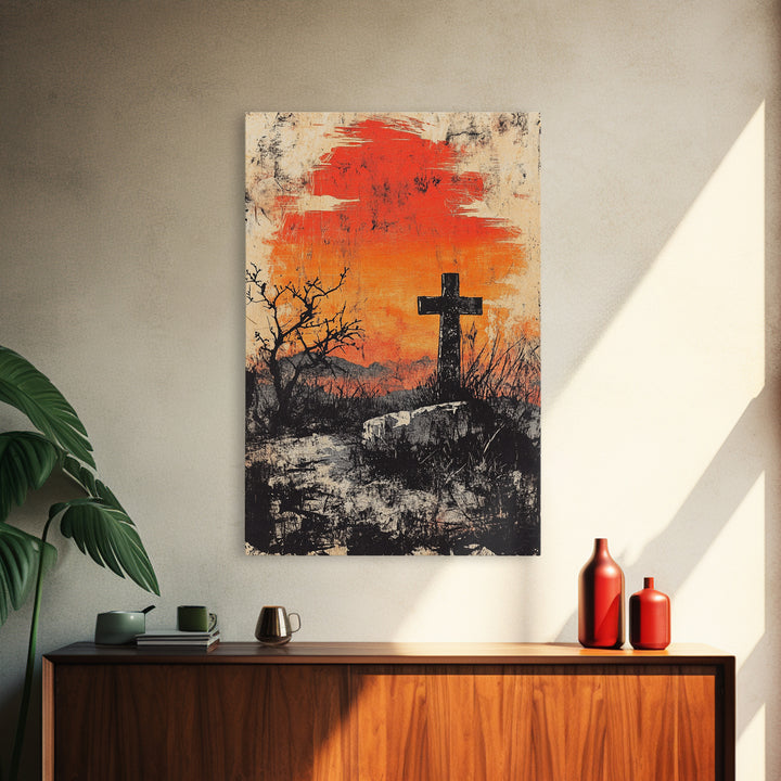 Black Cross At Fiery Sunset Framed Canvas Print, Christian Wall Art, Rustic Landscape, Faith Gift, Moody Home Decor Art