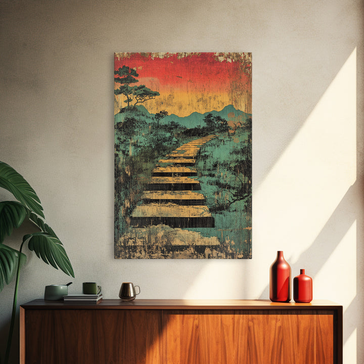 Sunset Boardwalk Through Misty Marsh Wall Art, Japanese Landscape Print, Rustic Nature Decor, Mountain Path Canvas Print