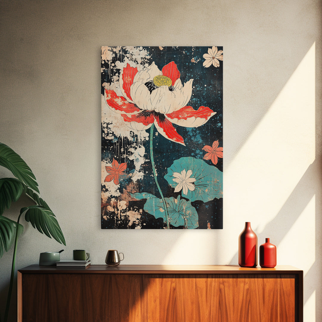 Red And White Lotus Flower Wall Art, Japanese Botanical Print, Dark Floral Decor, Teal Pond Leaves, Modern Canvas Print Gift