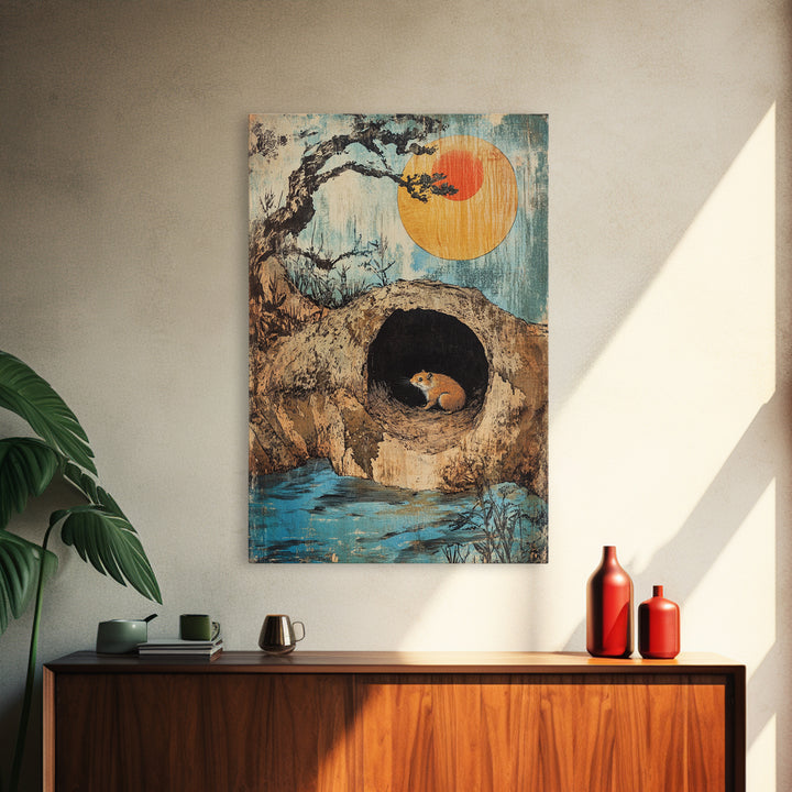 Mouse In Hollow Tree Wall Art, Japanese Nature Print, Whimsical Animal Decor, Orange Sun, Zen Landscape Canvas Print Gift