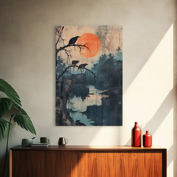 Crows Over Misty River Framed Canvas Print, Japanese Landscape Wall Art, Moody Nature Decor, Orange Sun, Bird Art Print