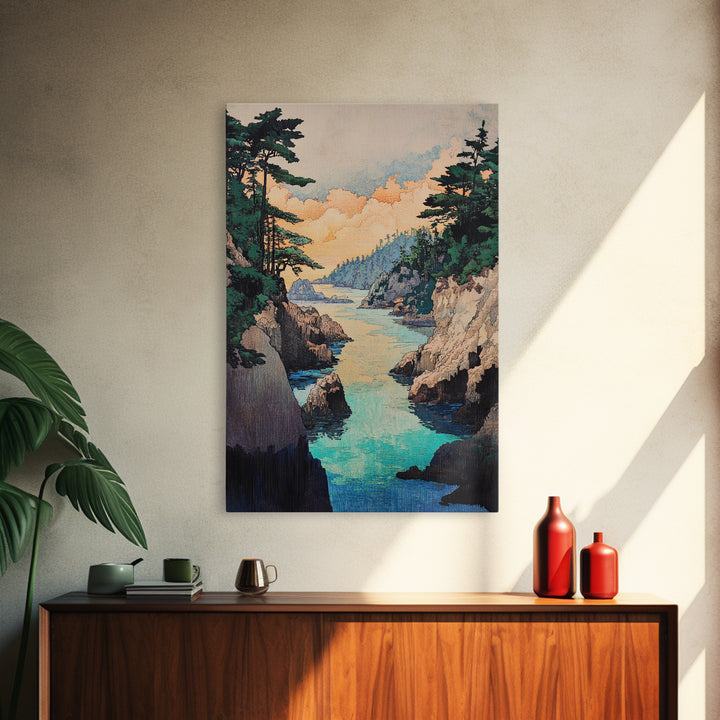 Turquoise Rocky Cove Wall Art, Japanese Coastal Landscape Print, Ocean Seascape Canvas Print, Serene Living Room Decor Gift