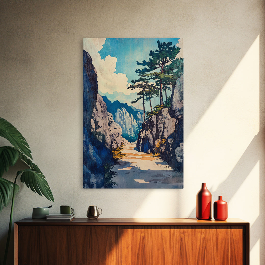Rocky Mountain Pass Wall Art, Alpine Landscape Canvas Print, Japanese Style Nature Decor, Large Living Room Wall Art Gift