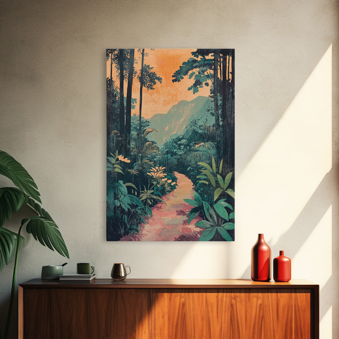 Tropical Jungle Path Wall Art, Lush Botanical Landscape Print, Boho Nature Canvas Print, Vibrant Living Room Decor Gift For Her