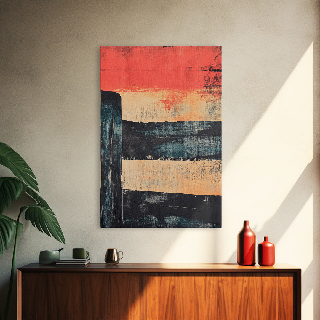 Red Sunset Abstract Seascape Wall Art, Modern Landscape Print, Moody Coastal Decor, Oversized Living Room Art, Above Sofa Decor