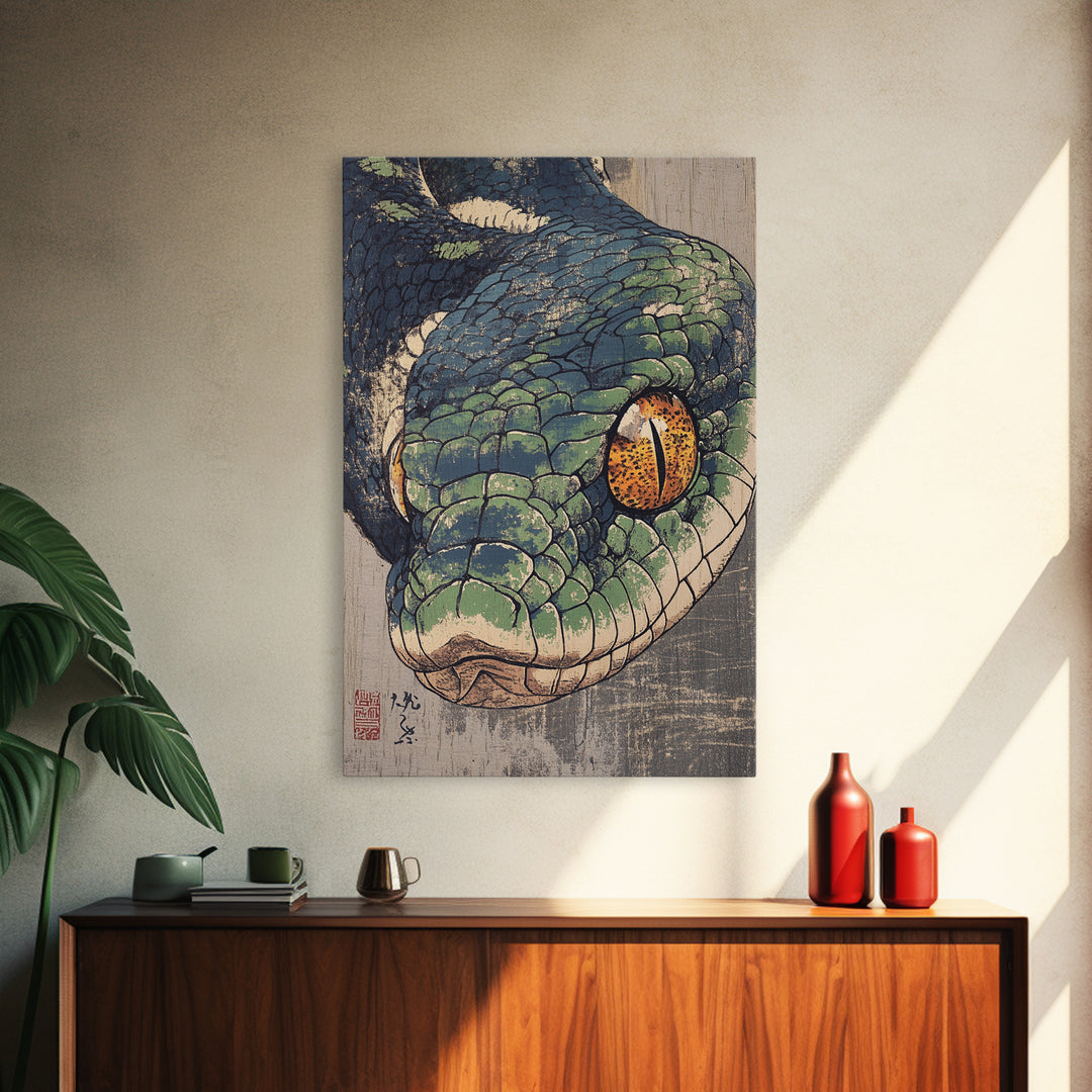 Green Snake Portrait Canvas Print, Japanese Animal Wall Art, Reptile Illustration, Bold Wildlife Decor For Home, Gift For Him