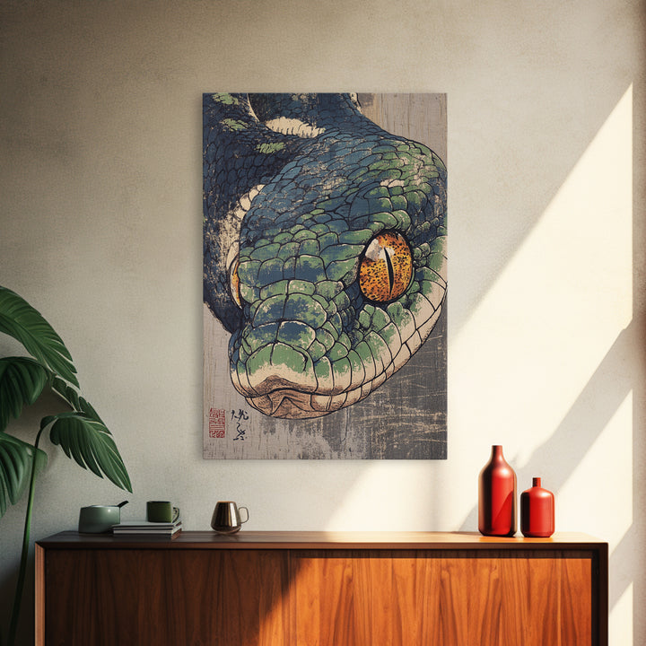 Green Snake Portrait Canvas Print, Japanese Animal Wall Art, Reptile Illustration, Bold Wildlife Decor For Home, Gift For Him