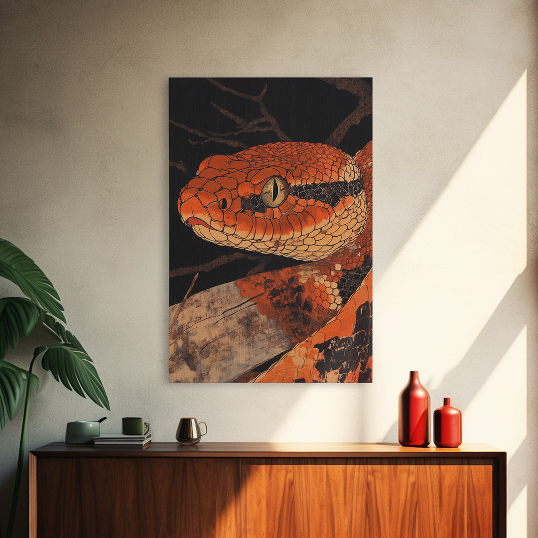 Orange Snake Portrait Framed Canvas Print, Dark Reptile Animal Wall Art, Gothic Wildlife Decor, Gift For Him, Man Cave Decor