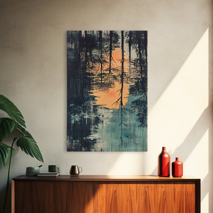 Misty Forest Lake Reflection Wall Art, Moody Landscape Print, Nature Wall Decor, Rustic Home Decor, Framed Canvas Print