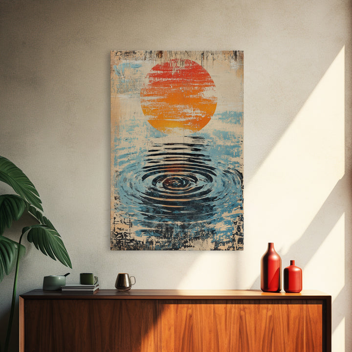 Orange Sun Water Ripple Wall Art, Minimalist Japanese Abstract Print, Zen Bathroom Decor, Calming Wall Decor, Framed Canvas Print