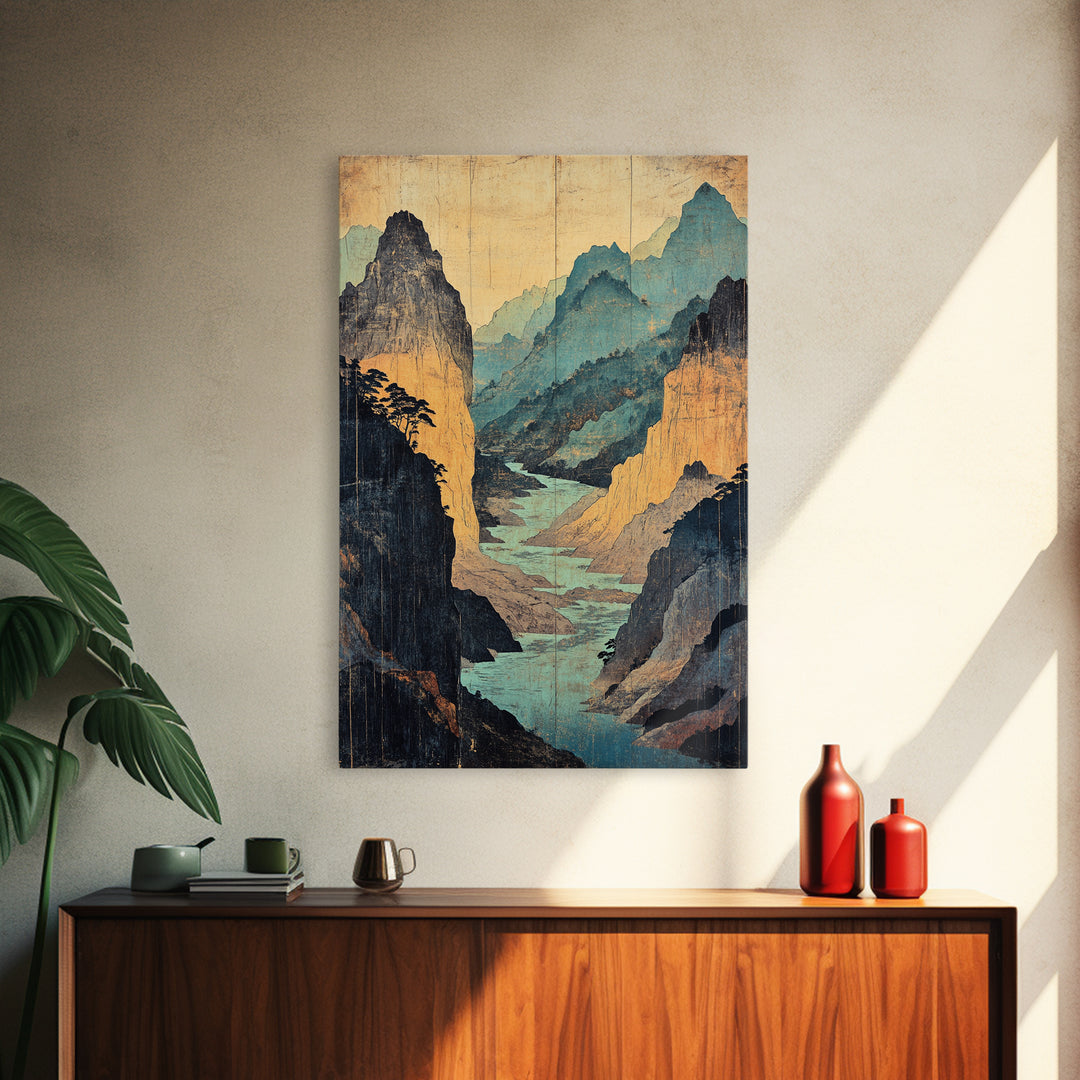 Turquoise Canyon River Mountains Wall Art, Japanese Landscape Print, Asian Inspired Travel Decor, Large Framed Canvas Print
