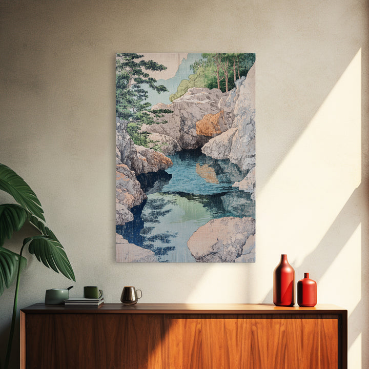 Rocky Mountain Stream And Pine Forest Wall Art, Japanese Landscape Print, Nature Wall Decor, Serene Spa Decor, Home Decor