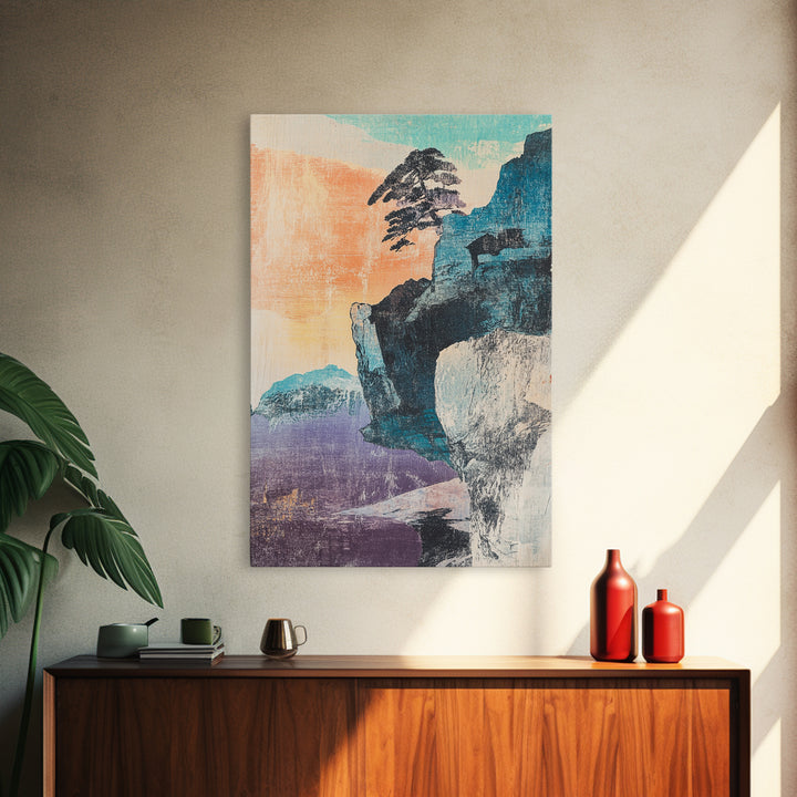 Pastel Sea Cliff With Windblown Pine Wall Art, Japanese Coastal Print, Japandi Decor, Minimalist Landscape, Living Room Decor