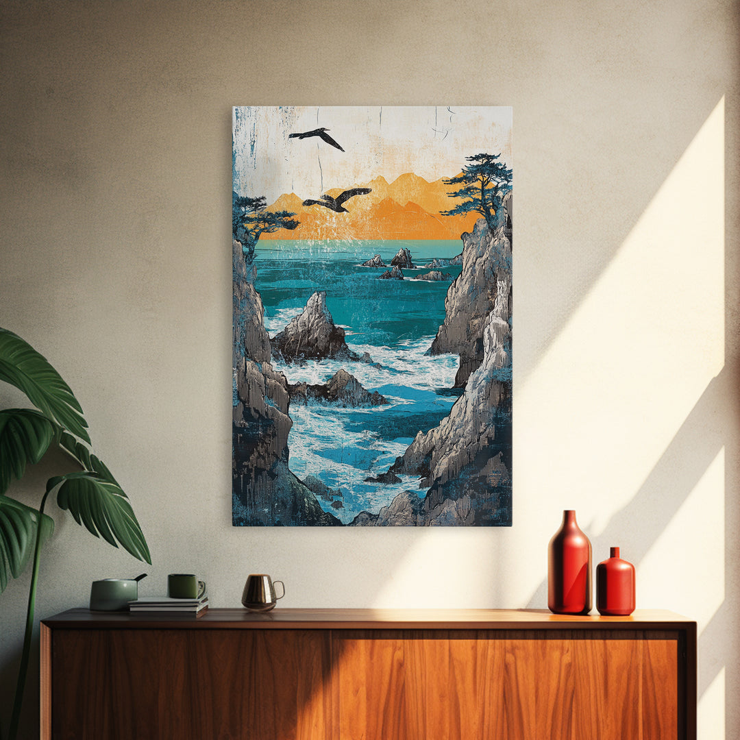 Ocean Cliffs With Flying Birds Canvas Print, Japanese Seascape Wall Art, Coastal Decor, Nautical Art, Living Room Decor, Gift For Him
