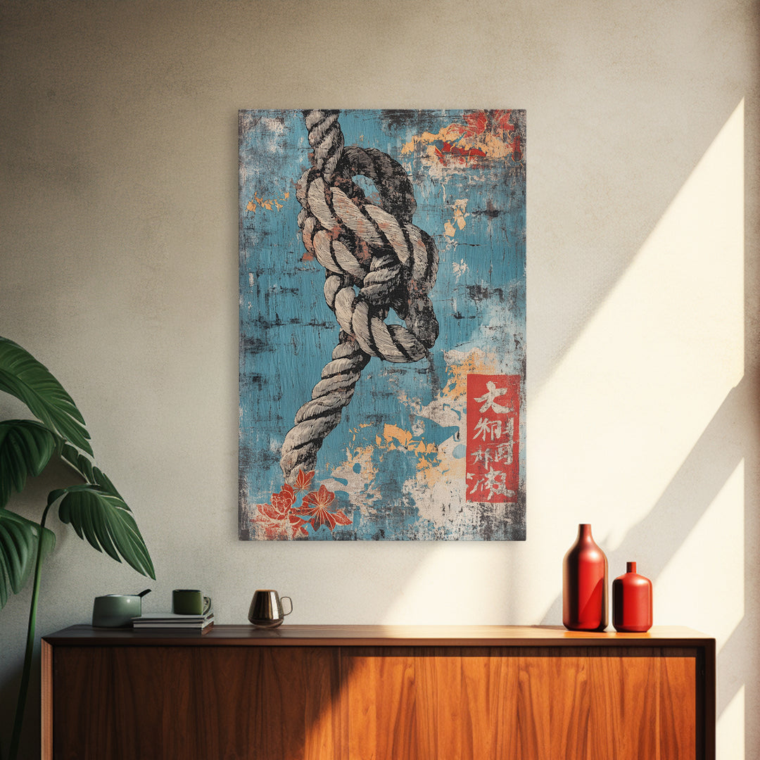 Weathered Nautical Rope Knot Wall Art, Coastal Maritime Print, Blue Ocean Decor, Rustic Beach House Large Framed Canvas Print