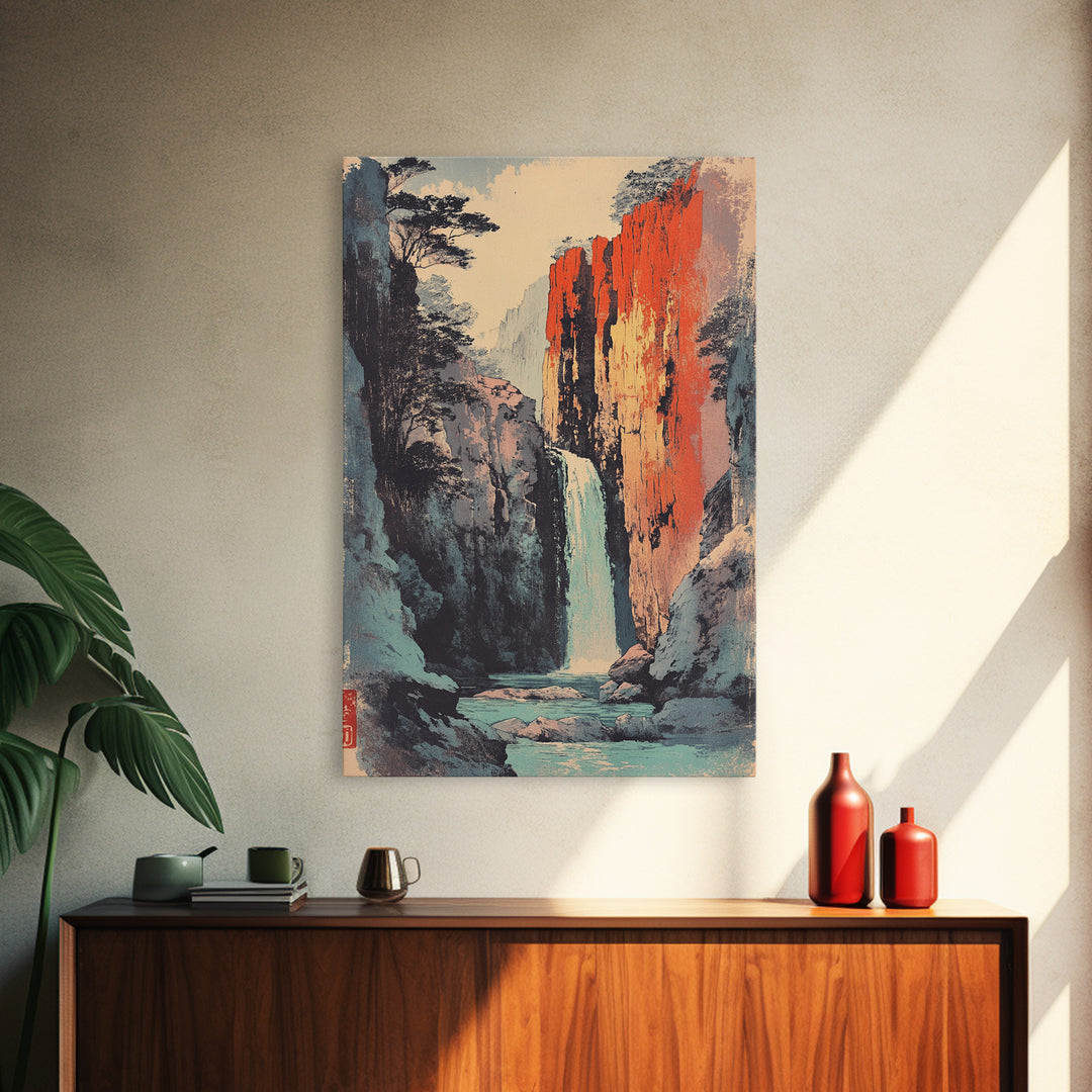 Canyon Waterfall And Red Rock Cliffs Wall Art, Japanese Landscape Print, Nature Decor, Large Serene Mountain Canvas Print