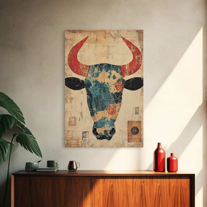 Distressed Turquoise Bull Head With Red Horns Wall Art, Western Tribal Canvas Print, Rustic Ranch Decor, Bold Animal Art