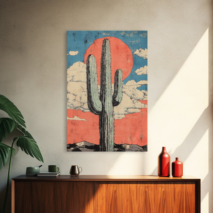 Tall Saguaro Cactus With Coral Desert Sun Wall Art, Southwestern Canvas Print, Boho Western Decor, Arizona Landscape Art
