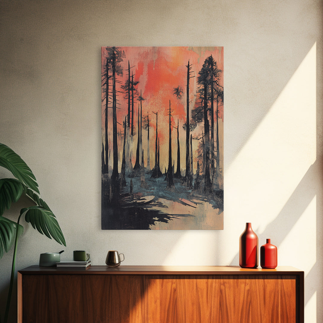 Misty Burnt Pine Forest At Coral Sunset Wall Art, Moody Landscape Canvas Print, Rustic Nature Decor, Dramatic Woodland Art