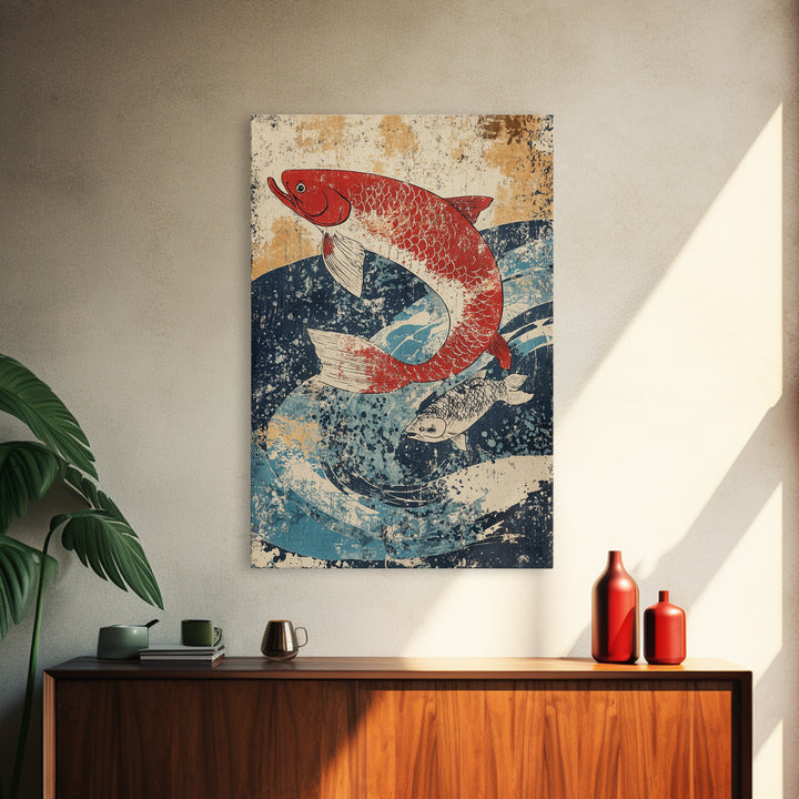 Red Koi Fish Swimming Through Blue Waves Wall Art, Japanese Canvas Print, Coastal Animal Decor, Feng Shui Living Room Art