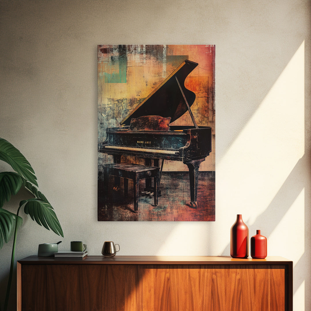 Moody Grand Piano In Warm Abstract Studio Canvas Print, Music Room Decor, Jazz Art Print, Modern Wall Art, Gift For Music Lover
