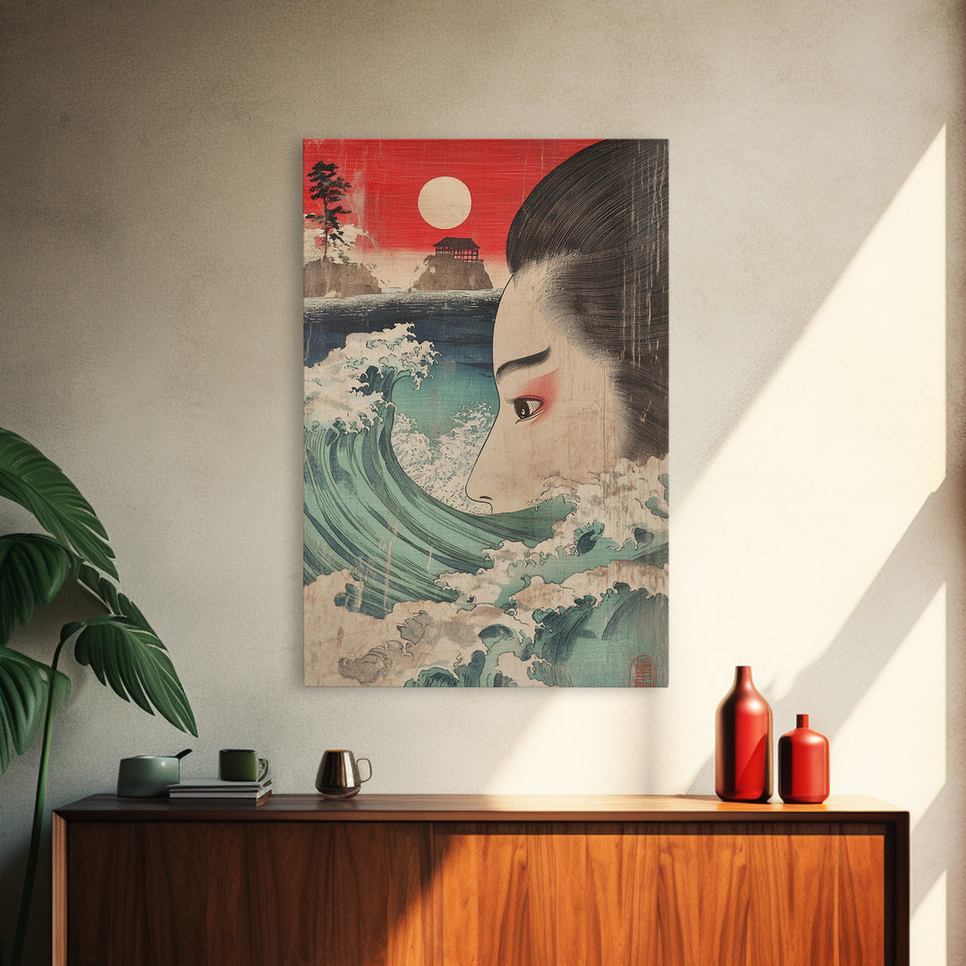 Ukiyo E Woman Face With Ocean Wave Canvas Print, Japanese Wall Art, Coastal Decor, Asian Inspired Art, Living Room Decor