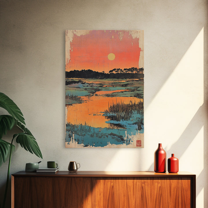 Serene Marsh Sunset Over Blue Wetlands Wall Art, Japanese Landscape Print, Nature Wall Decor, Coastal Home Decor, Zen Gift
