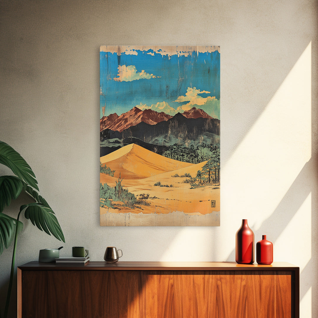 Golden Desert Dunes And Rugged Mountains Wall Art, Southwestern Landscape Print, Cactus Decor, Modern Western Home Decor